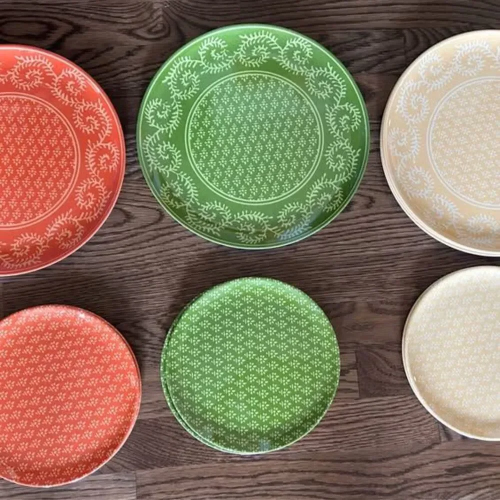 Precidio Melamine Dinner & Salad Plates; Green/Orange/Yellow (13 Total)